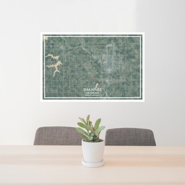 24x36 Shawnee Oklahoma Map Print Lanscape Orientation in Afternoon Style Behind 2 Chairs Table and Potted Plant
