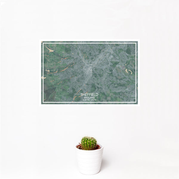 12x18 Sheffield England Map Print Landscape Orientation in Afternoon Style With Small Cactus Plant in White Planter