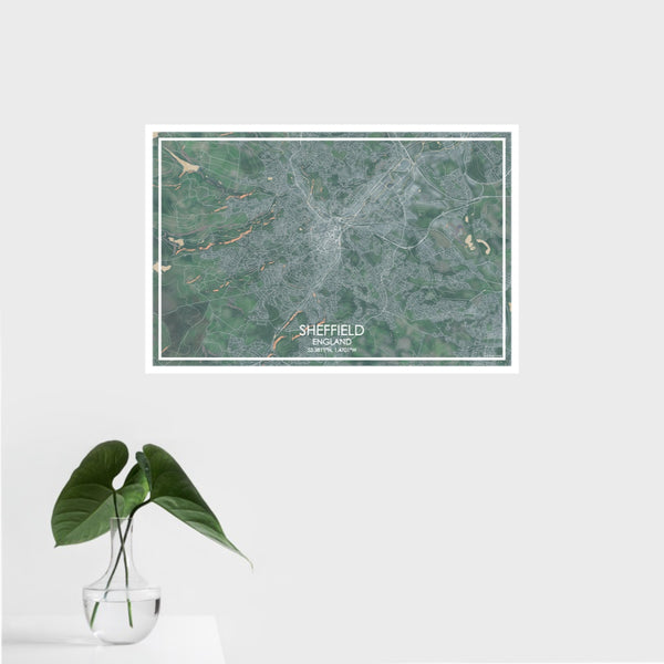 16x24 Sheffield England Map Print Landscape Orientation in Afternoon Style With Tropical Plant Leaves in Water