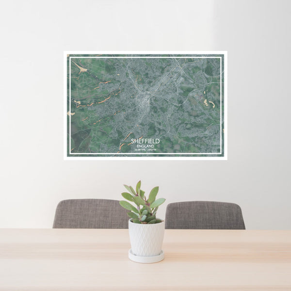 24x36 Sheffield England Map Print Lanscape Orientation in Afternoon Style Behind 2 Chairs Table and Potted Plant