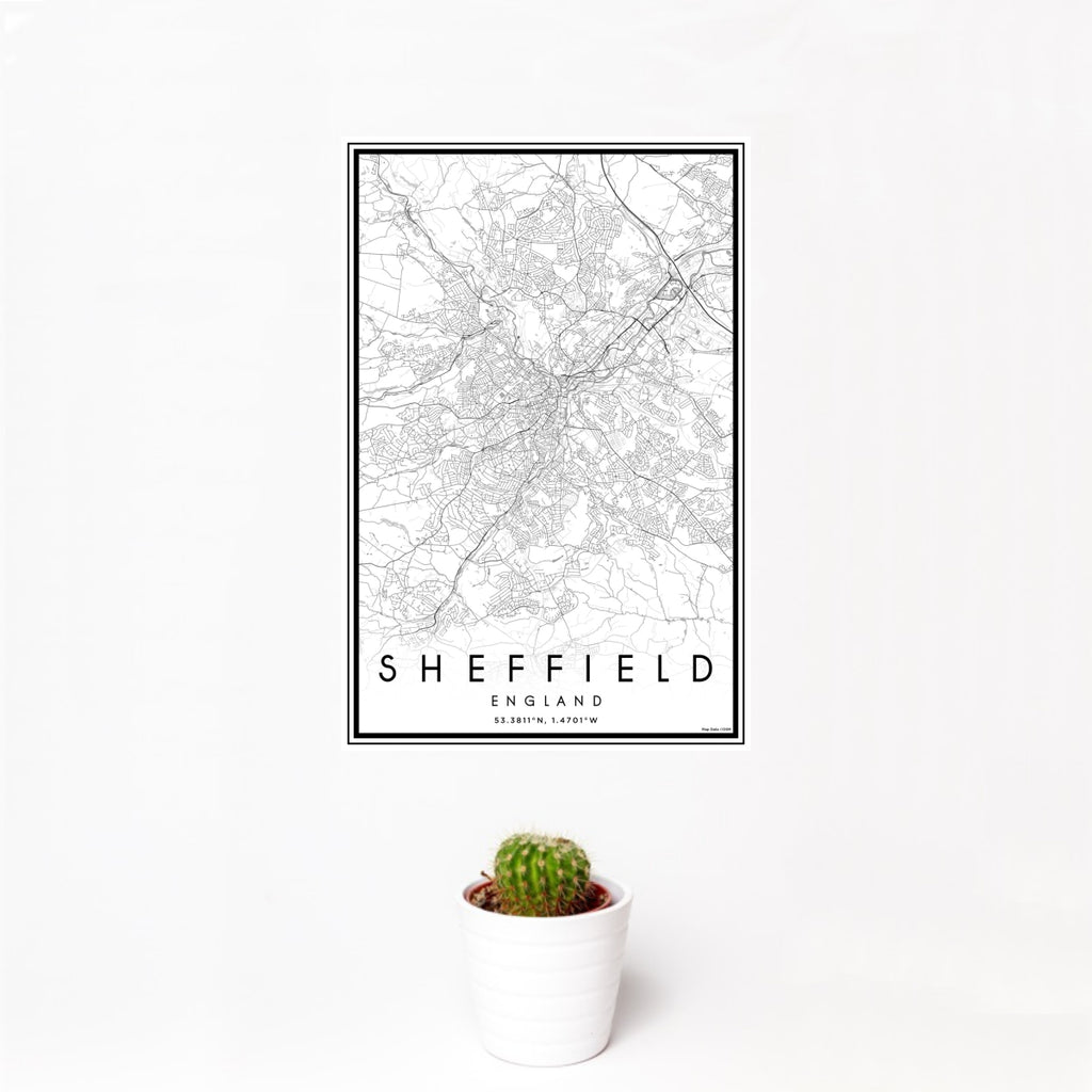 12x18 Sheffield England Map Print Portrait Orientation in Classic Style With Small Cactus Plant in White Planter