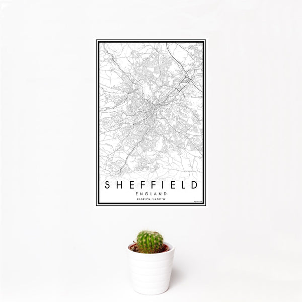 12x18 Sheffield England Map Print Portrait Orientation in Classic Style With Small Cactus Plant in White Planter