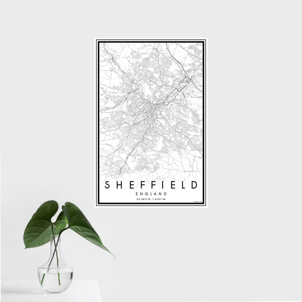 16x24 Sheffield England Map Print Portrait Orientation in Classic Style With Tropical Plant Leaves in Water