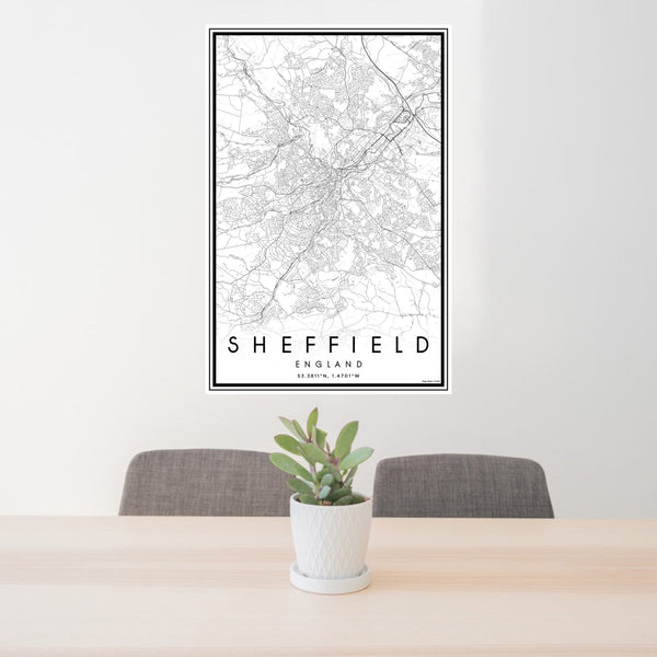 24x36 Sheffield England Map Print Portrait Orientation in Classic Style Behind 2 Chairs Table and Potted Plant