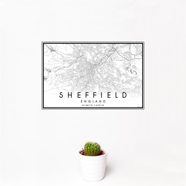12x18 Sheffield England Map Print Landscape Orientation in Classic Style With Small Cactus Plant in White Planter