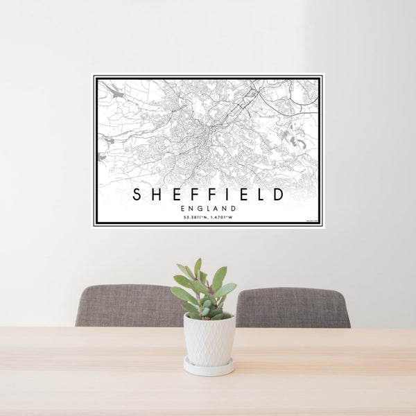 24x36 Sheffield England Map Print Landscape Orientation in Classic Style Behind 2 Chairs Table and Potted Plant