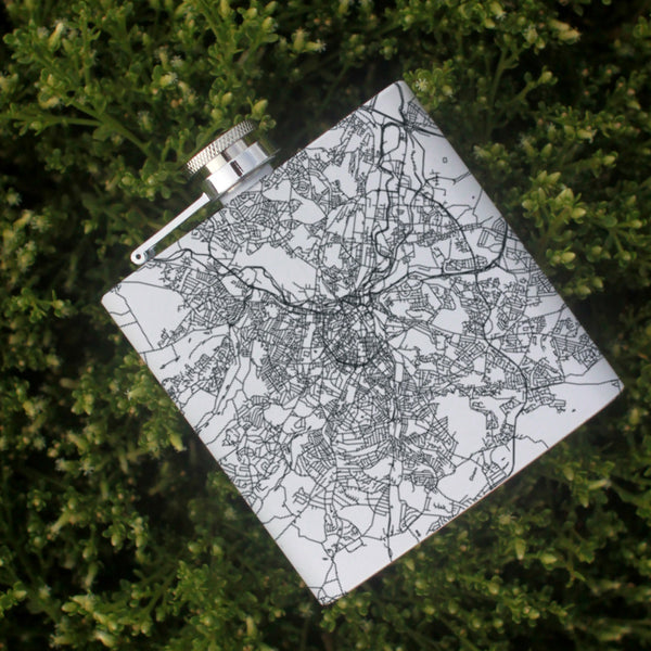 Sheffield England Custom Engraved City Map Inscription Coordinates on 6oz Stainless Steel Flask in White