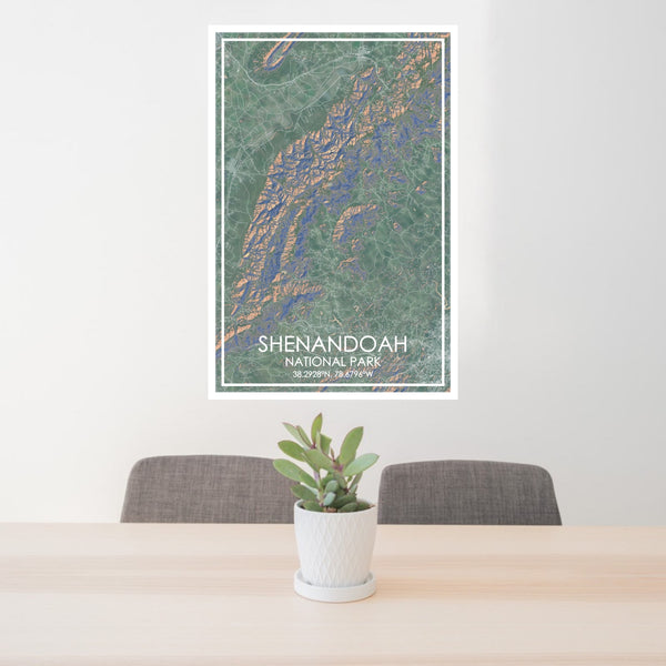 24x36 Shenandoah National Park Map Print Portrait Orientation in Afternoon Style Behind 2 Chairs Table and Potted Plant