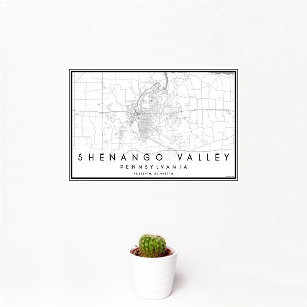 12x18 Shenango Valley Pennsylvania Map Print Landscape Orientation in Classic Style With Small Cactus Plant in White Planter