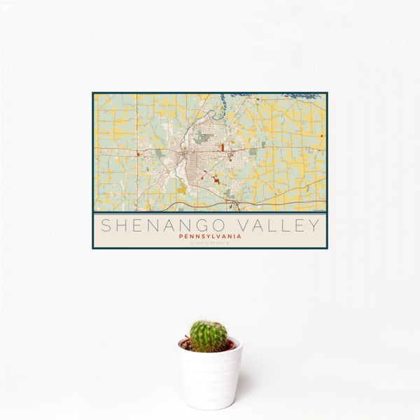 12x18 Shenango Valley Pennsylvania Map Print Landscape Orientation in Woodblock Style With Small Cactus Plant in White Planter