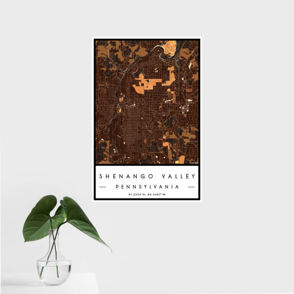 16x24 Shenango Valley Pennsylvania Map Print Portrait Orientation in Ember Style With Tropical Plant Leaves in Water