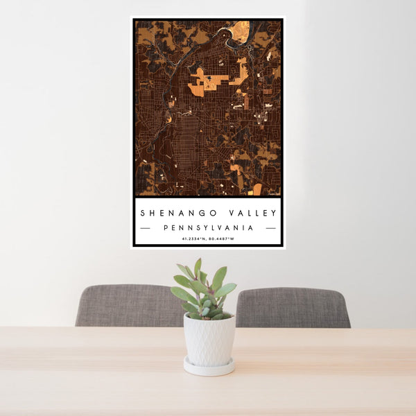 24x36 Shenango Valley Pennsylvania Map Print Portrait Orientation in Ember Style Behind 2 Chairs Table and Potted Plant