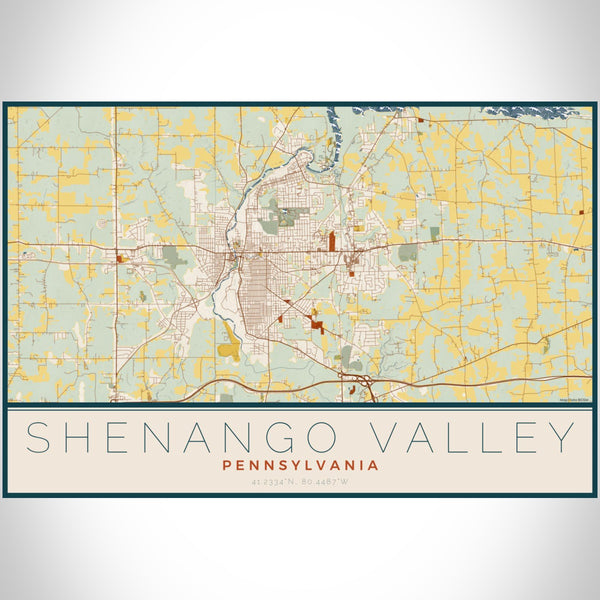 Shenango Valley Pennsylvania Map Print Landscape Orientation in Woodblock Style With Shaded Background