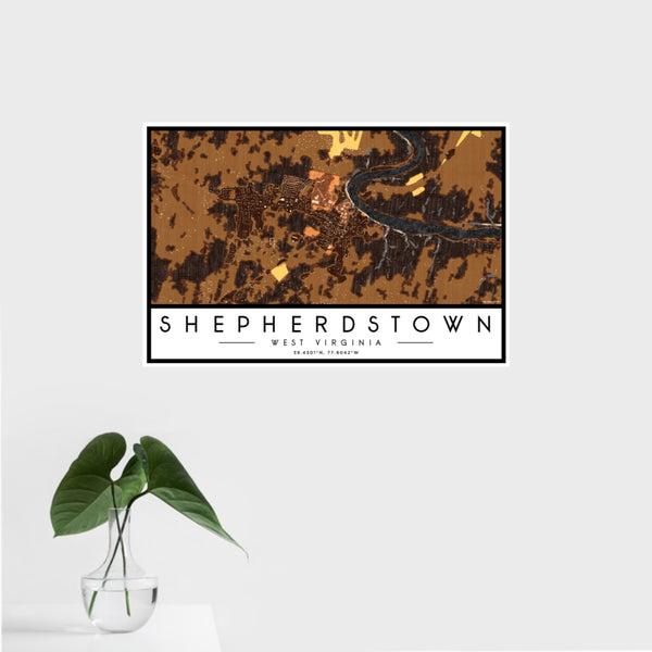 16x24 Shepherdstown West Virginia Map Print Landscape Orientation in Ember Style With Tropical Plant Leaves in Water