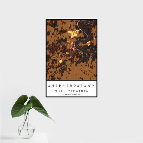 16x24 Shepherdstown West Virginia Map Print Portrait Orientation in Ember Style With Tropical Plant Leaves in Water