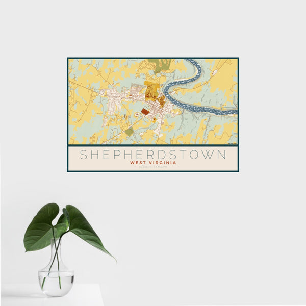 16x24 Shepherdstown West Virginia Map Print Landscape Orientation in Woodblock Style With Tropical Plant Leaves in Water