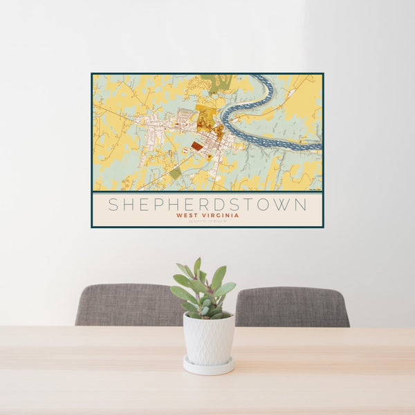 24x36 Shepherdstown West Virginia Map Print Lanscape Orientation in Woodblock Style Behind 2 Chairs Table and Potted Plant
