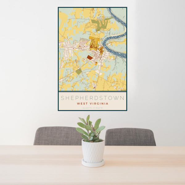 24x36 Shepherdstown West Virginia Map Print Portrait Orientation in Woodblock Style Behind 2 Chairs Table and Potted Plant