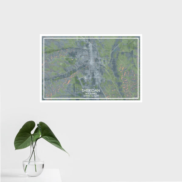 16x24 Sheridan Wyoming Map Print Landscape Orientation in Afternoon Style With Tropical Plant Leaves in Water