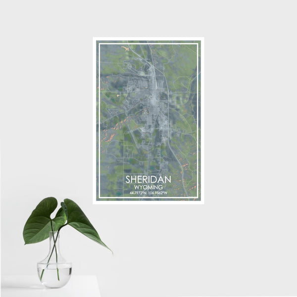 16x24 Sheridan Wyoming Map Print Portrait Orientation in Afternoon Style With Tropical Plant Leaves in Water