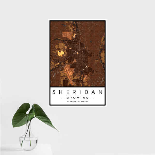 16x24 Sheridan Wyoming Map Print Portrait Orientation in Ember Style With Tropical Plant Leaves in Water