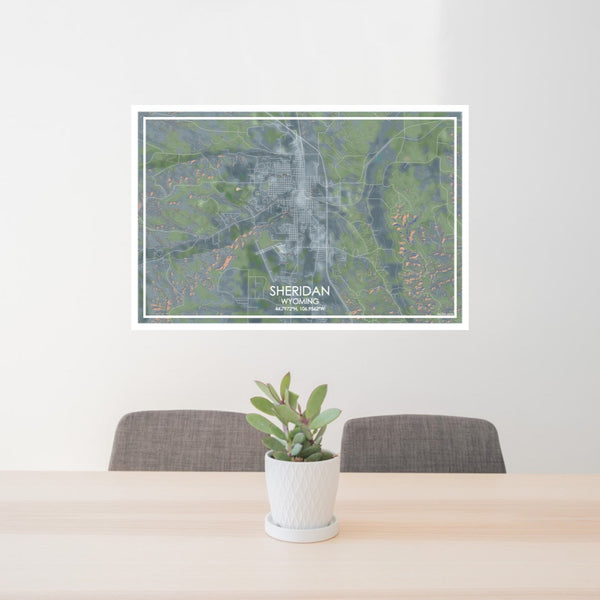 24x36 Sheridan Wyoming Map Print Lanscape Orientation in Afternoon Style Behind 2 Chairs Table and Potted Plant