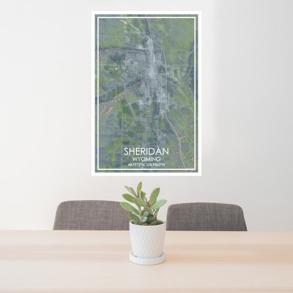 24x36 Sheridan Wyoming Map Print Portrait Orientation in Afternoon Style Behind 2 Chairs Table and Potted Plant