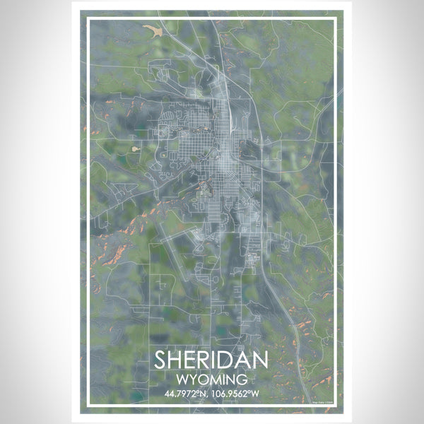 Sheridan Wyoming Map Print Portrait Orientation in Afternoon Style With Shaded Background