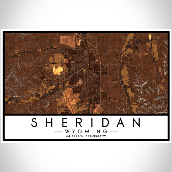 Sheridan Wyoming Map Print Landscape Orientation in Ember Style With Shaded Background