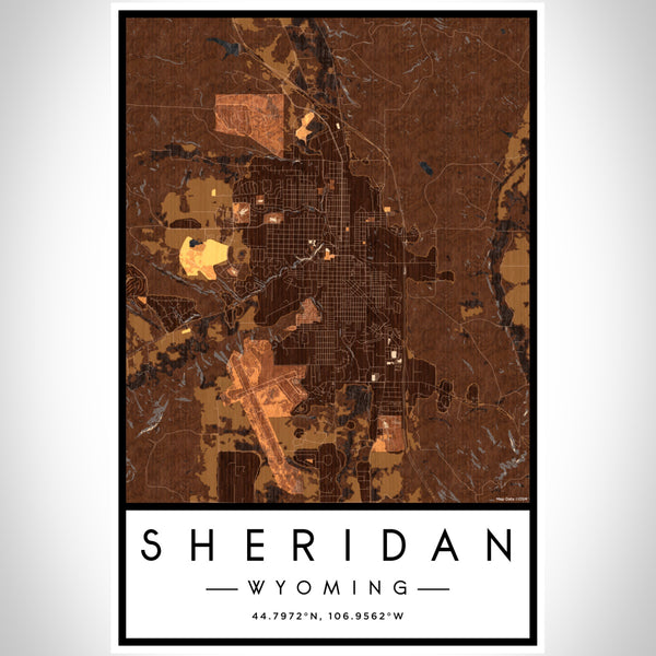 Sheridan Wyoming Map Print Portrait Orientation in Ember Style With Shaded Background
