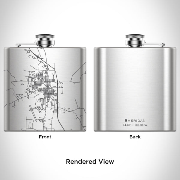 Rendered View of Sheridan Wyoming Map Engraving on 6oz Stainless Steel Flask