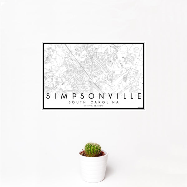 12x18 Simpsonville South Carolina Map Print Landscape Orientation in Classic Style With Small Cactus Plant in White Planter