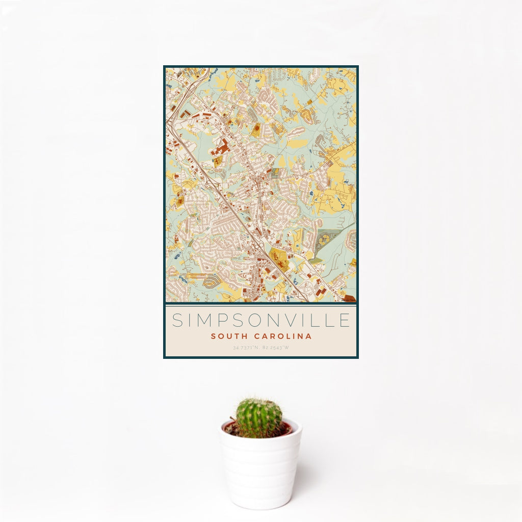 12x18 Simpsonville South Carolina Map Print Portrait Orientation in Woodblock Style With Small Cactus Plant in White Planter