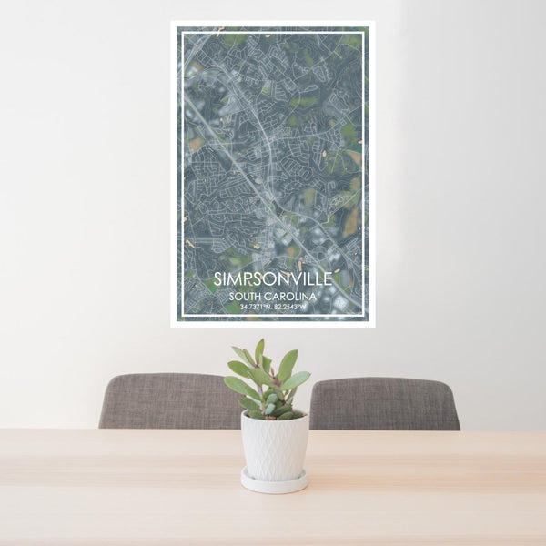 24x36 Simpsonville South Carolina Map Print Portrait Orientation in Afternoon Style Behind 2 Chairs Table and Potted Plant