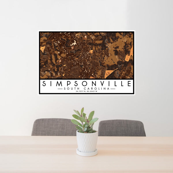 24x36 Simpsonville South Carolina Map Print Lanscape Orientation in Ember Style Behind 2 Chairs Table and Potted Plant