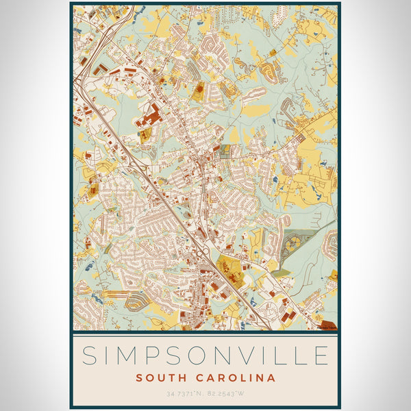 Simpsonville South Carolina Map Print Portrait Orientation in Woodblock Style With Shaded Background