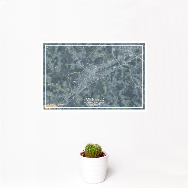12x18 Smithfield North Carolina Map Print Landscape Orientation in Afternoon Style With Small Cactus Plant in White Planter