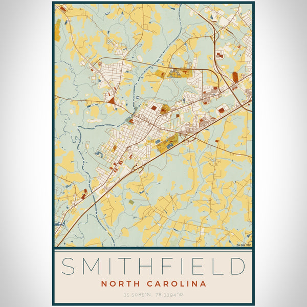 Smithfield North Carolina Map Print Portrait Orientation in Woodblock Style With Shaded Background