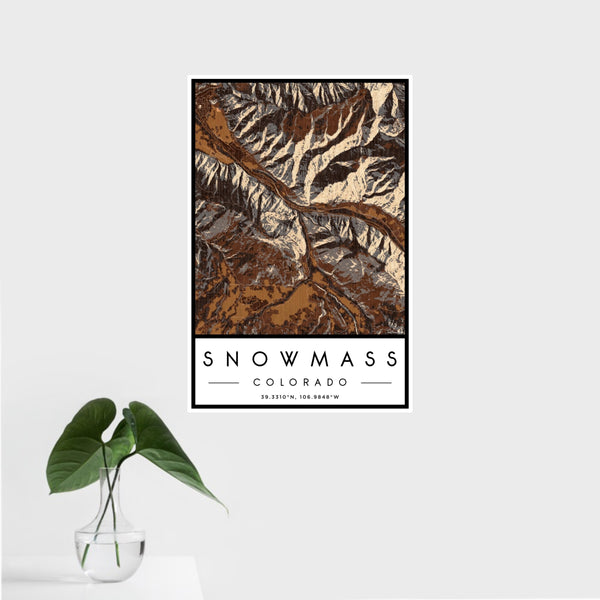 16x24 Snowmass Colorado Map Print Portrait Orientation in Ember Style With Tropical Plant Leaves in Water
