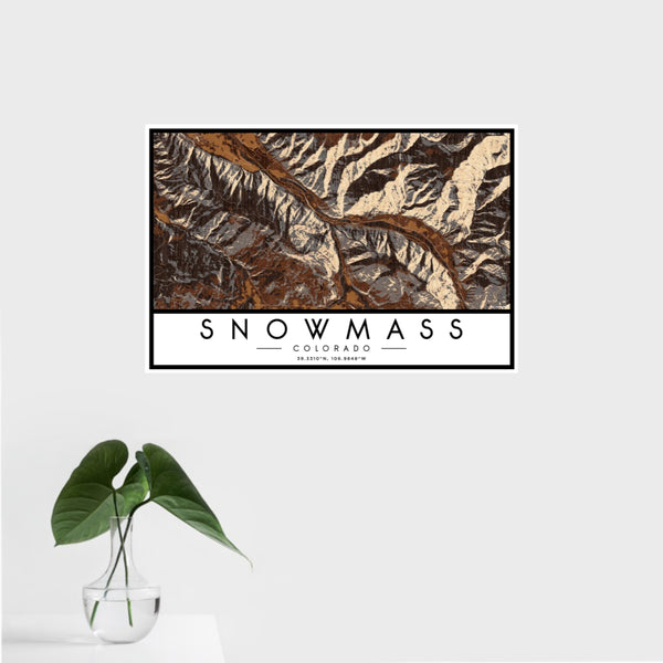 16x24 Snowmass Colorado Map Print Landscape Orientation in Ember Style With Tropical Plant Leaves in Water