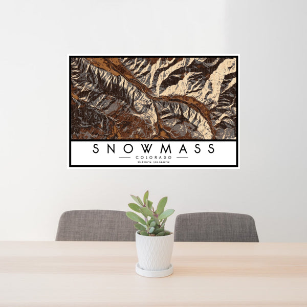 24x36 Snowmass Colorado Map Print Landscape Orientation in Ember Style Behind 2 Chairs Table and Potted Plant