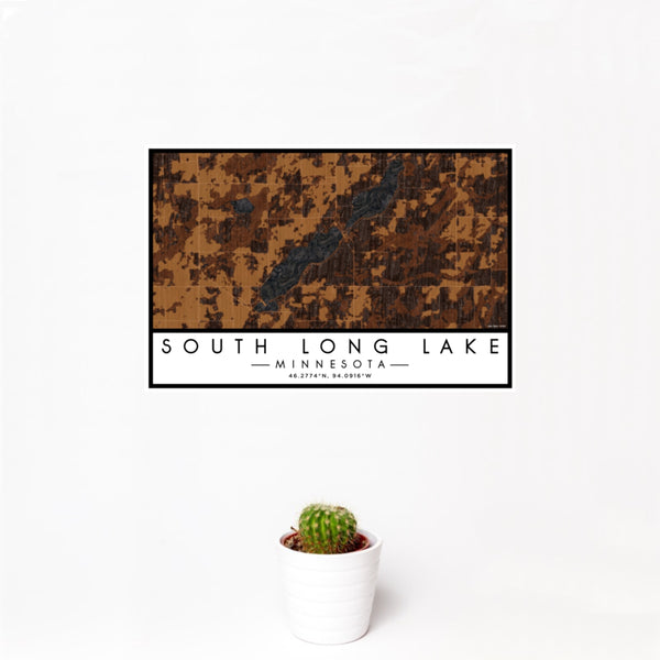 12x18 South Long Lake Minnesota Map Print Landscape Orientation in Ember Style With Small Cactus Plant in White Planter