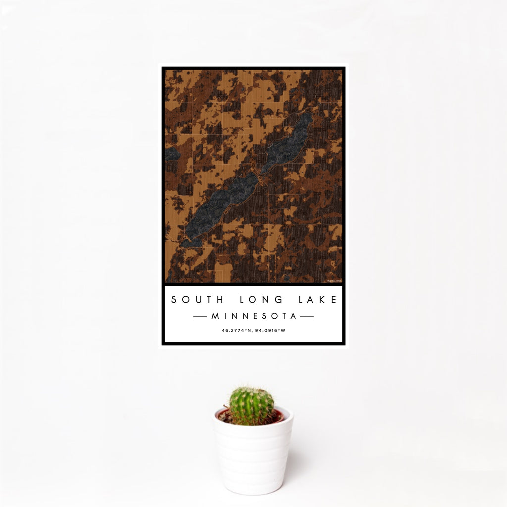 12x18 South Long Lake Minnesota Map Print Portrait Orientation in Ember Style With Small Cactus Plant in White Planter