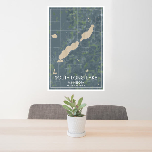 24x36 South Long Lake Minnesota Map Print Portrait Orientation in Afternoon Style Behind 2 Chairs Table and Potted Plant