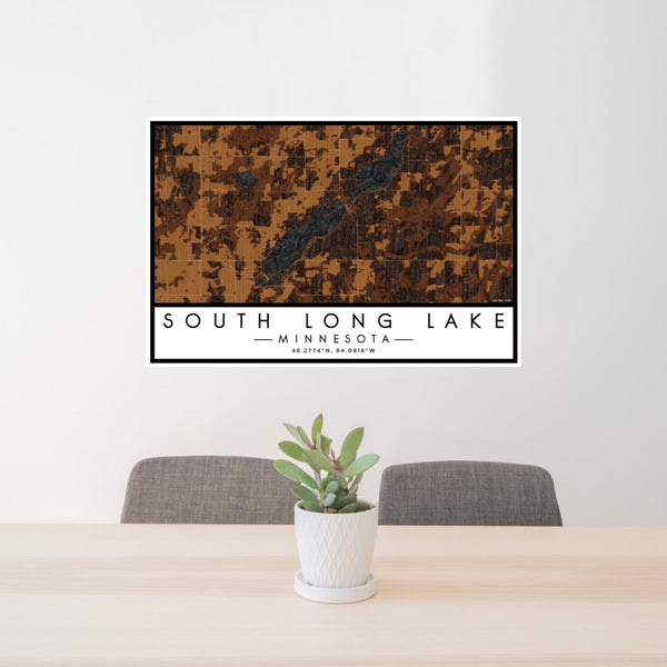 24x36 South Long Lake Minnesota Map Print Lanscape Orientation in Ember Style Behind 2 Chairs Table and Potted Plant