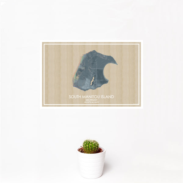 12x18 South Manitou Island Michigan Map Print Landscape Orientation in Afternoon Style With Small Cactus Plant in White Planter