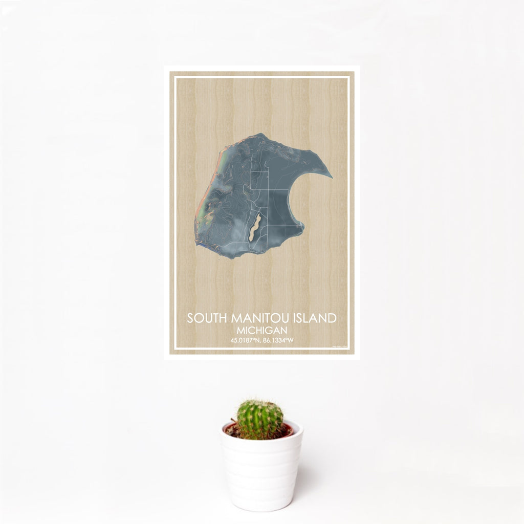 12x18 South Manitou Island Michigan Map Print Portrait Orientation in Afternoon Style With Small Cactus Plant in White Planter