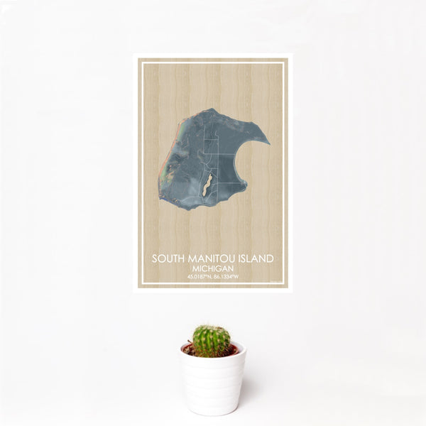 12x18 South Manitou Island Michigan Map Print Portrait Orientation in Afternoon Style With Small Cactus Plant in White Planter