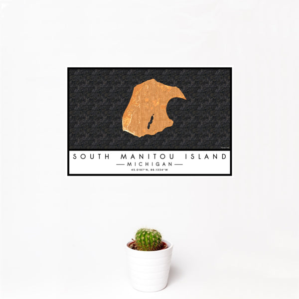 12x18 South Manitou Island Michigan Map Print Landscape Orientation in Ember Style With Small Cactus Plant in White Planter