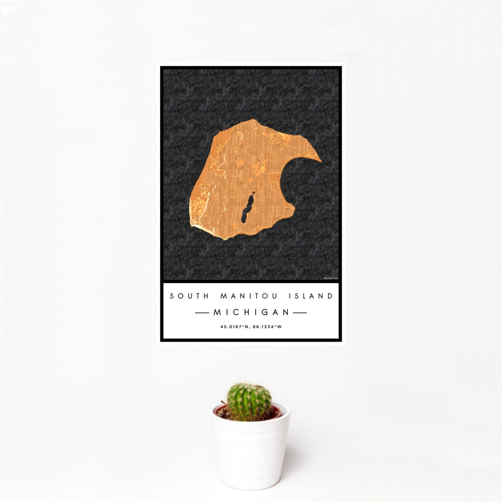 12x18 South Manitou Island Michigan Map Print Portrait Orientation in Ember Style With Small Cactus Plant in White Planter